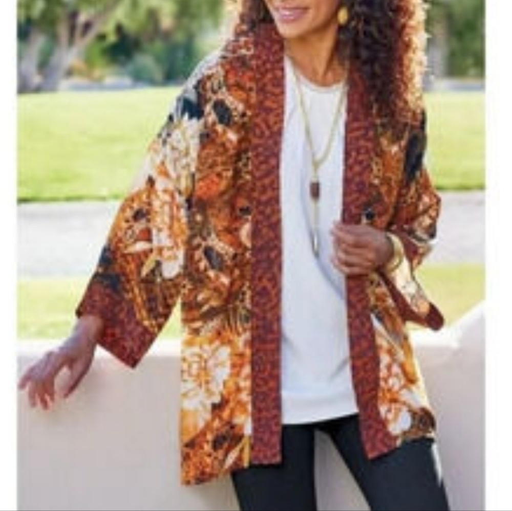 Soft Surroundings Open Front Floral Kimono Cardigan Boho Bohemian Hippie S/M